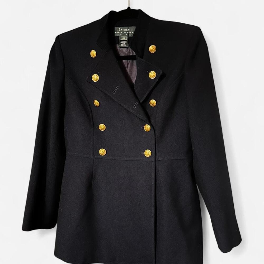 Vtg ralph lauren black longline jacket blazer gold crest buttons 4P